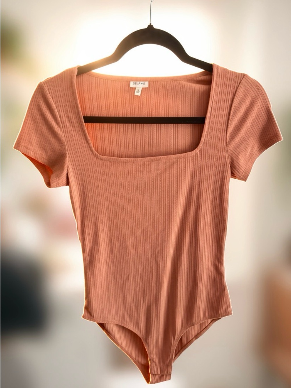 NWT SELF•E Ribbed Square-Neck Short Sleeve Bodysuit - Dusty Peach Macchiato